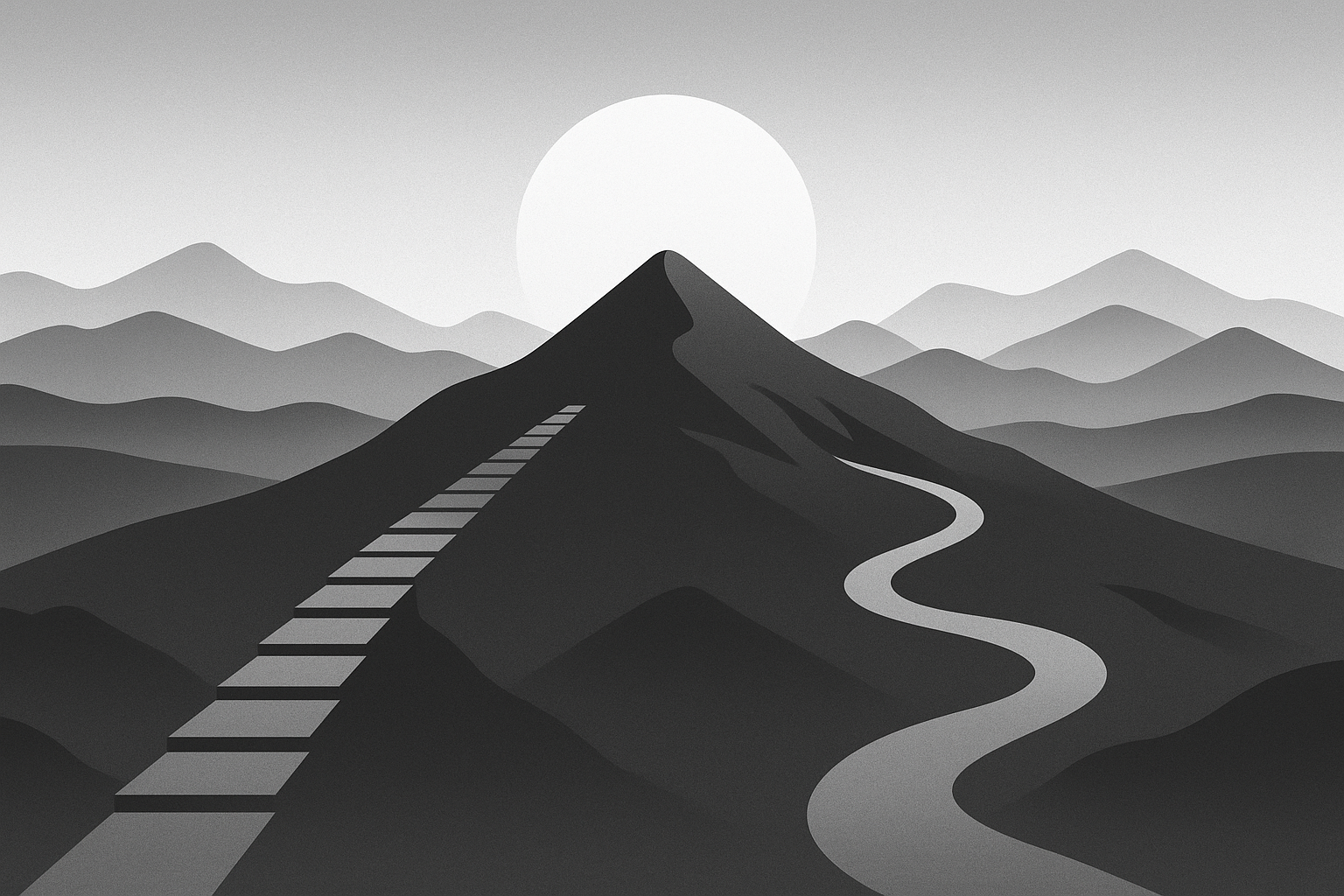 A grayscale 16:9 landscape illustration showing two mountain paths leading toward a blank sun on the horizon. One path is straight and stepped, symbolising a structured learning method, while the other is flowing and branching, representing an adaptive approach. The scene is minimalist and symbolic, reflecting two different paths to learning Asian languages.