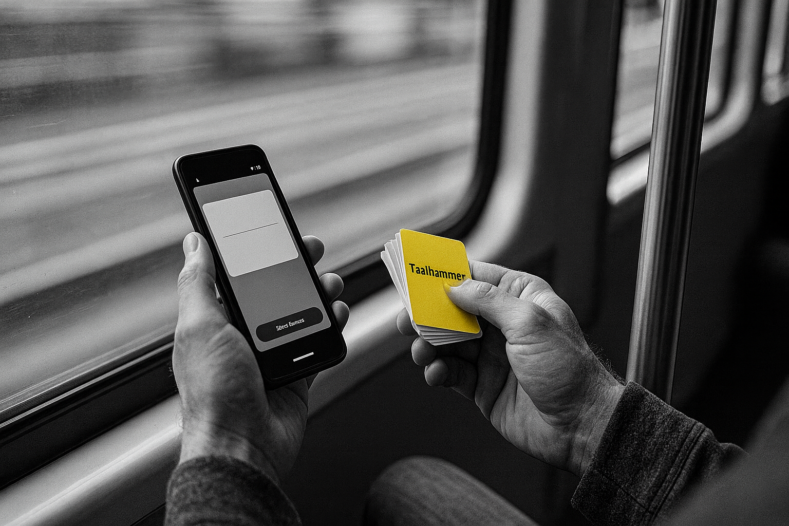 A grayscale photo taken from a first-person perspective, showing someone sitting by a train window while studying. They hold a smartphone displaying a flashcard app in one hand and a small stack of physical flashcards in the other. One flashcard is highlighted in yellow with the word “taalhammer” written on it.