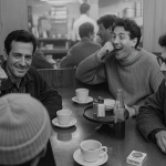 A black-and-white vintage-style photograph of four men sitting around a diner table, laughing and talking in slang. Coffee cups, a soda bottle, sugar and salt shakers sit between them, while a mirror behind them reflects the busy café setting. They used a language learning app to communicate better in real life.