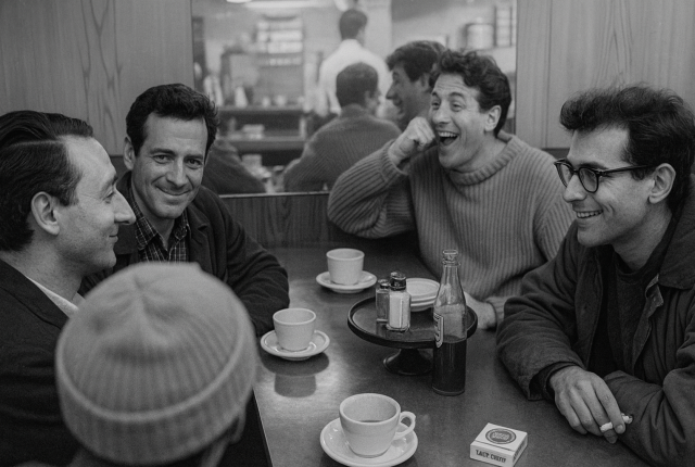 A black-and-white vintage-style photograph of four men sitting around a diner table, laughing and talking in slang. Coffee cups, a soda bottle, sugar and salt shakers sit between them, while a mirror behind them reflects the busy café setting. They used a language learning app to communicate better in real life.