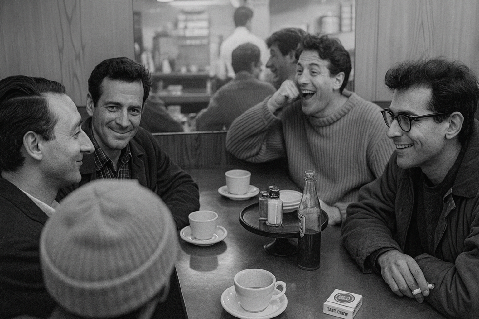 A black-and-white vintage-style photograph of four men sitting around a diner table, laughing and talking in slang. Coffee cups, a soda bottle, sugar and salt shakers sit between them, while a mirror behind them reflects the busy café setting. They used a language learning app to communicate better in real life.
