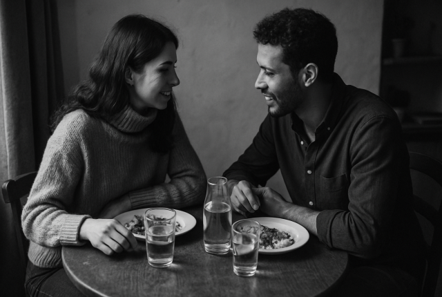 Two people sitting close together at a small table, sharing a quiet meal and leaning in toward each other in warm conversation. The scene is black and white, with a calm, intimate atmosphere. They are able to communicate because they use a language learning app.