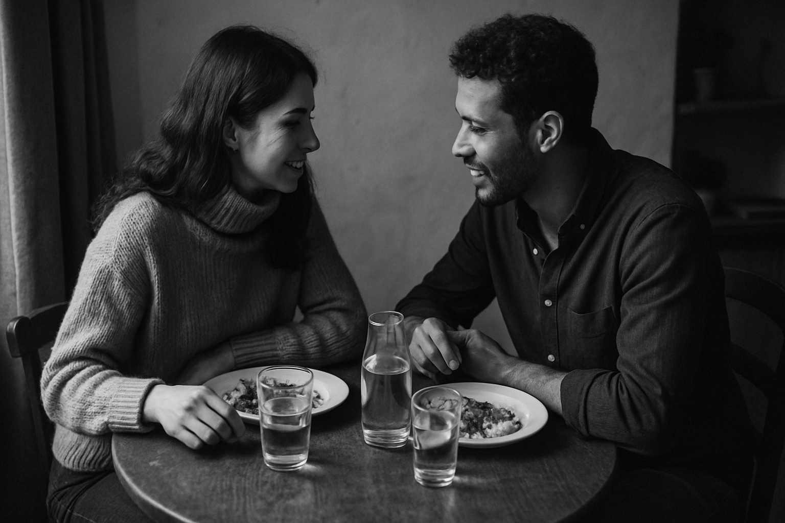 Two people sitting close together at a small table, sharing a quiet meal and leaning in toward each other in warm conversation. The scene is black and white, with a calm, intimate atmosphere. They are able to communicate because they use a language learning app.