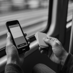 An adult learns with fiche on a tram: in the left hand a smartphone with the flashcard language learning app, Taalhammer, in the right hand paper cards; over-the-shoulder shot, blurred view outside the window, black and white.