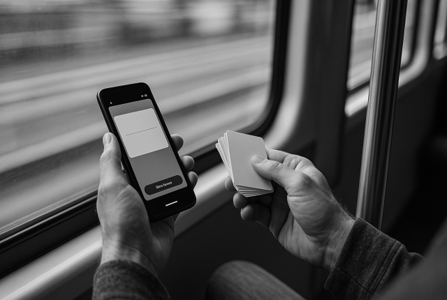An adult learns with fiche on a tram: in the left hand a smartphone with the flashcard language learning app, Taalhammer, in the right hand paper cards; over-the-shoulder shot, blurred view outside the window, black and white.