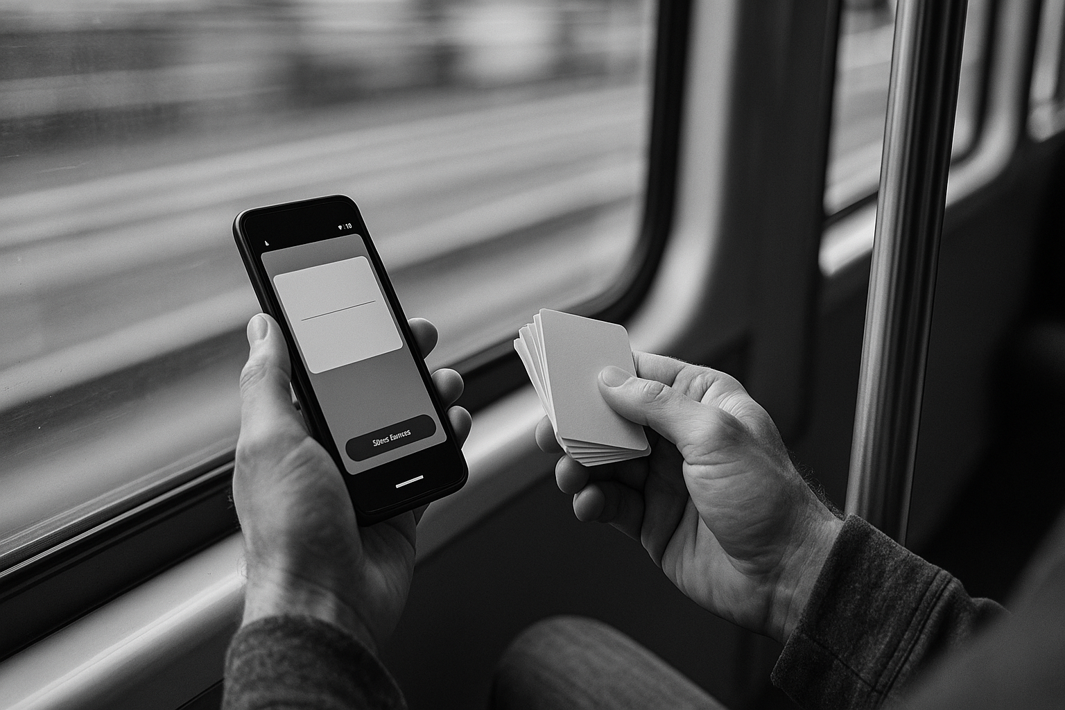 An adult learns with fiche on a tram: in the left hand a smartphone with the flashcard language learning app, Taalhammer, in the right hand paper cards; over-the-shoulder shot, blurred view outside the window, black and white.