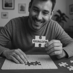 A person smiling while assembling a puzzle at a table, symbolising personalised learning in a modern language learning app like Taalhammer.