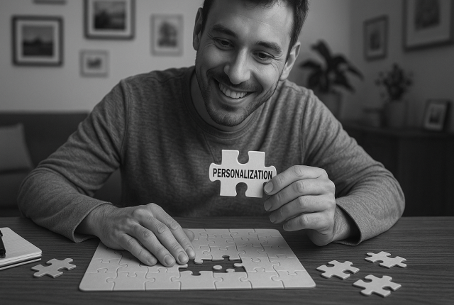 A person smiling while assembling a puzzle at a table, symbolising personalised learning in a modern language learning app like Taalhammer.