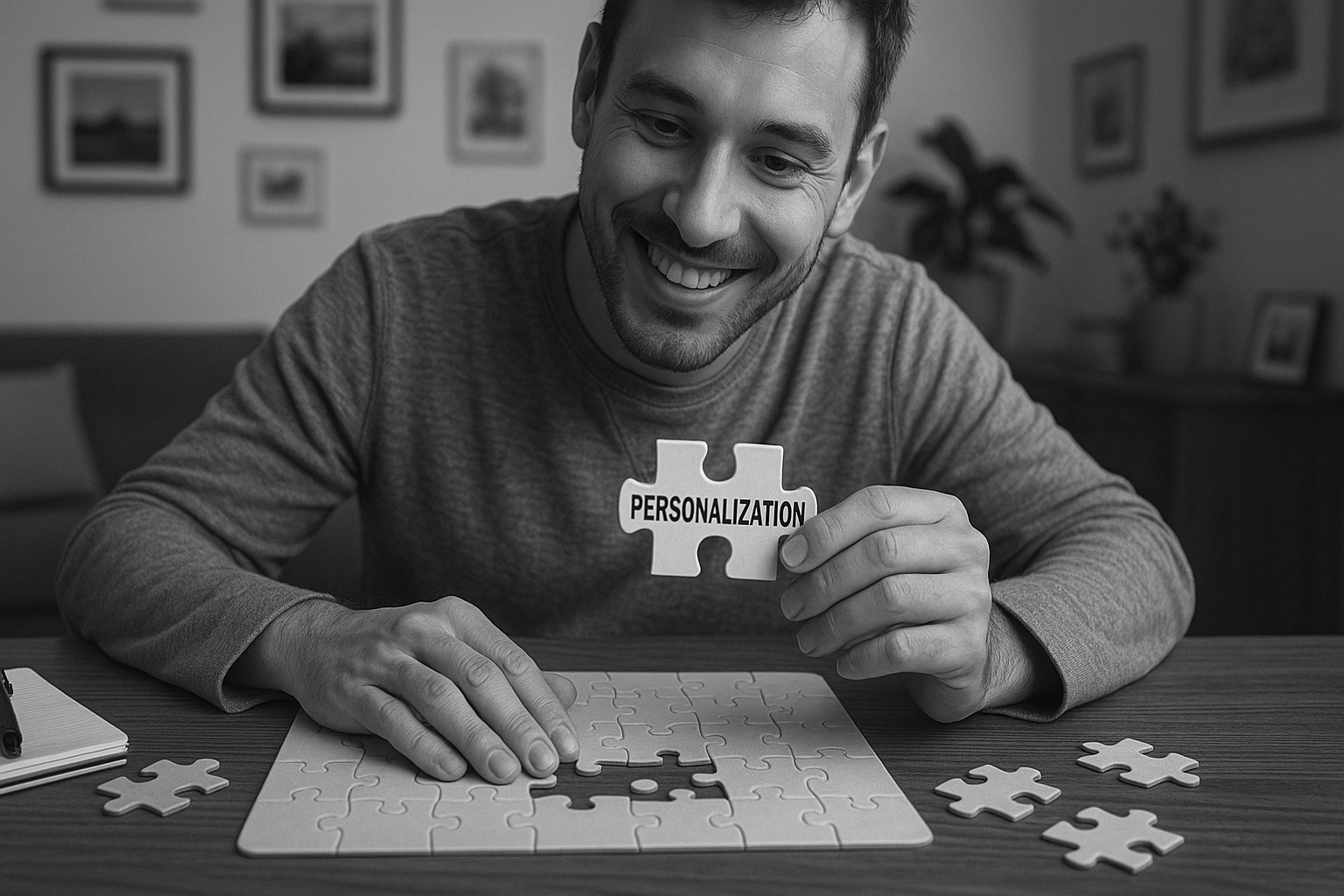 A person smiling while assembling a puzzle at a table, symbolising personalised learning in a modern language learning app like Taalhammer.