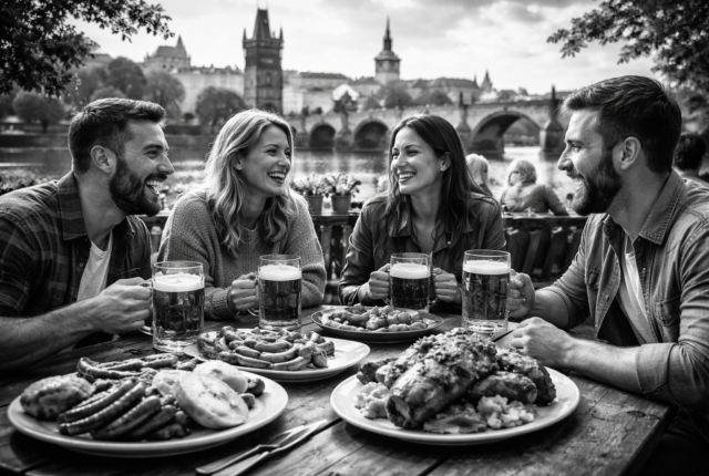 Black-and-white ultra-realistic photo of Czech people talking at a table with traditional Czech food and beer, with Prague’s Charles Bridge and Prague Castle in the background, showing everyday use of the Czech language.