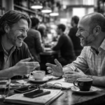 Black-and-white, ultrarealistic photo of two friendly, well-groomed middle-aged men having a lively conversation at a cluttered café table, smiling and gesturing with coffee cups, notebooks, glasses, and a phone in the foreground, with a busy café full of people and shelves softly blurred in the background.
