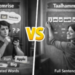 Black-and-white 16:9 realistic split image comparing language learning approaches: on the left, a learner looking confused at scattered vocabulary cards representing isolated words; on the right, a learner arranging word cards into a full sentence; a bold yellow “VS” appears in the center to highlight the contrast between isolated phrases and sentence-based learning.