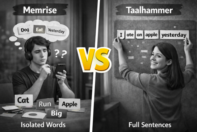 Black-and-white 16:9 realistic split image comparing language learning approaches: on the left, a learner looking confused at scattered vocabulary cards representing isolated words; on the right, a learner arranging word cards into a full sentence; a bold yellow “VS” appears in the center to highlight the contrast between isolated phrases and sentence-based learning.
