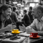 Black-and-white, ultrarealistic photo of two friendly, well-groomed middle-aged men having a lively conversation at a cluttered café table, smiling and gesturing with coffee cups, notebooks, glasses, and a phone in the foreground, with a busy café full of people and shelves softly blurred in the background. They are able to speak because they both use Taalhammer, the best language learning app.