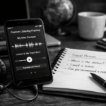 Czarno-biały, ultrarealistyczny obraz biurka ze smartfonem odtwarzającym niestandardowe pliki audio, słuchawkami i odręcznymi notatkami, przedstawiający aplikację do nauki języków z ćwiczeniami słuchowymi wykorzystującymi własne treści.