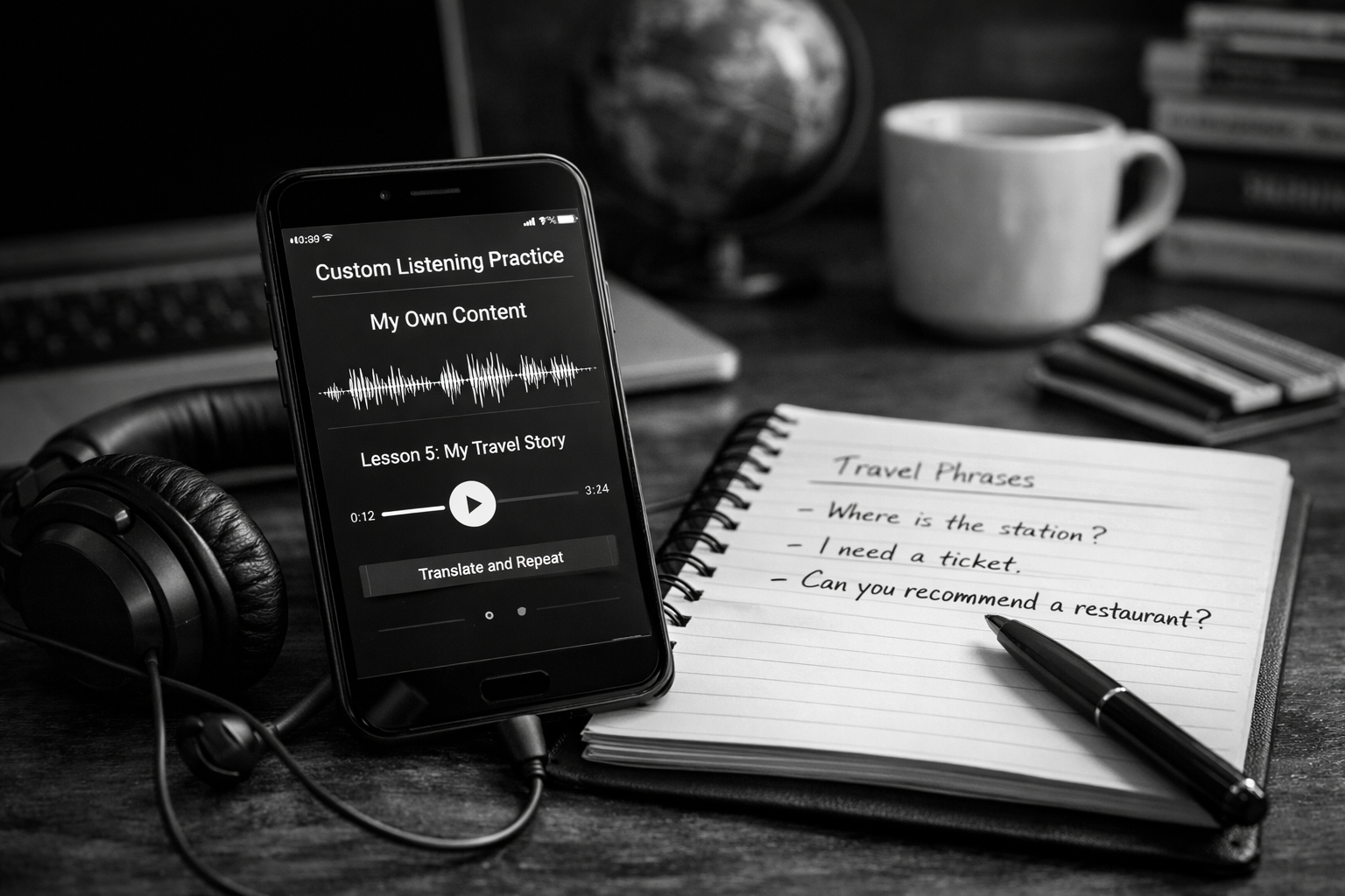 Black and white, ultrarealistic image of a desk with a smartphone playing custom audio, headphones, and handwritten notes, representing a language learning app with listening exercises using your own content.