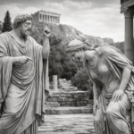 Two ultrarealistic black-and-white Greek marble statues in a lively conversation at ancient ruins near the Parthenon, illustrating a language learning app focused on real Greek communication and speaking practice.