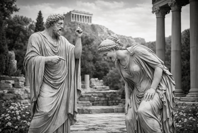 Two ultrarealistic black-and-white Greek marble statues in a lively conversation at ancient ruins near the Parthenon, illustrating a language learning app focused on real Greek communication and speaking practice.
