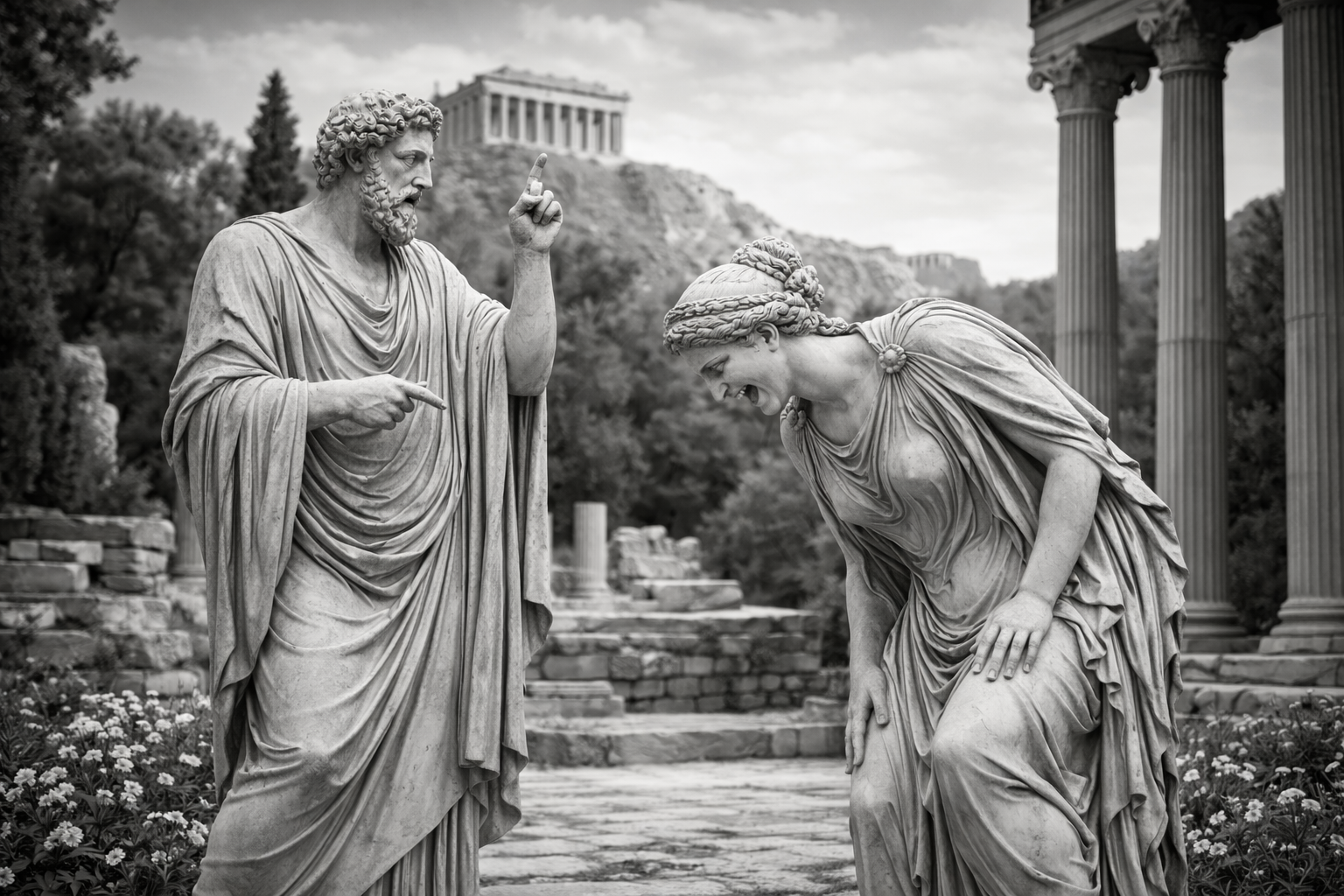 Two ultrarealistic black-and-white Greek marble statues in a lively conversation at ancient ruins near the Parthenon, illustrating a language learning app focused on real Greek communication and speaking practice.