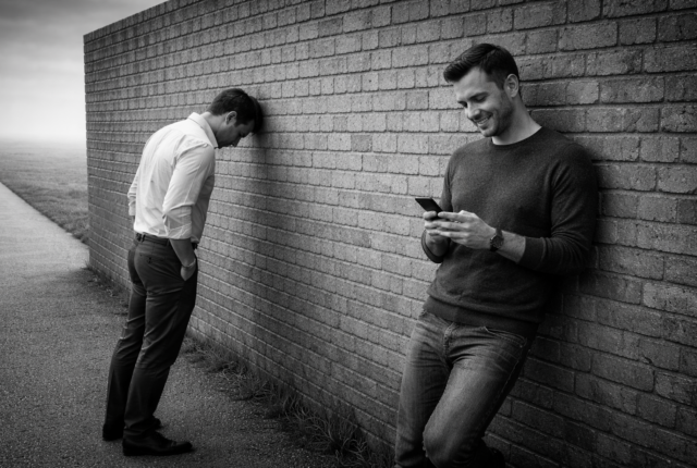 “Black-and-white 16×9 photo showing two people at a wall: one leaning forward with their head against the wall in frustration, the other relaxed, smiling at a phone — a visual metaphor for a language learning app that helps learners move past plateaus.