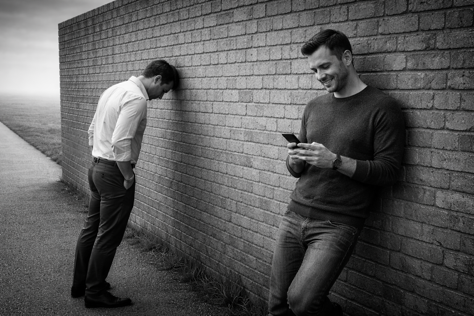“Black-and-white 16×9 photo showing two people at a wall: one leaning forward with their head against the wall in frustration, the other relaxed, smiling at a phone — a visual metaphor for a language learning app that helps learners move past plateaus.