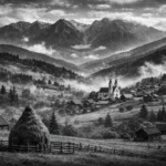 Black-and-white panoramic view of a traditional Romanian village in the Carpathian Mountains, with wooden houses, haystacks, and misty hills, used as a visual metaphor for a language learning phrase rooted in real context.