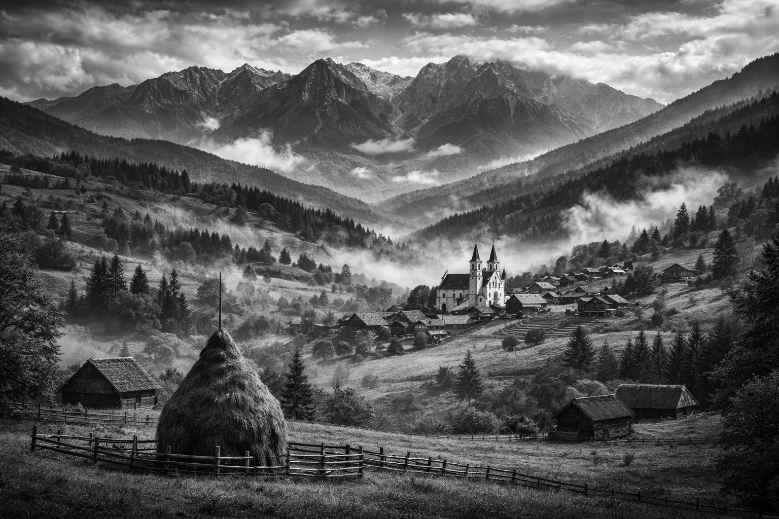 Black-and-white panoramic view of a traditional Romanian village in the Carpathian Mountains, with wooden houses, haystacks, and misty hills, used as a visual metaphor for a language learning phrase rooted in real context.