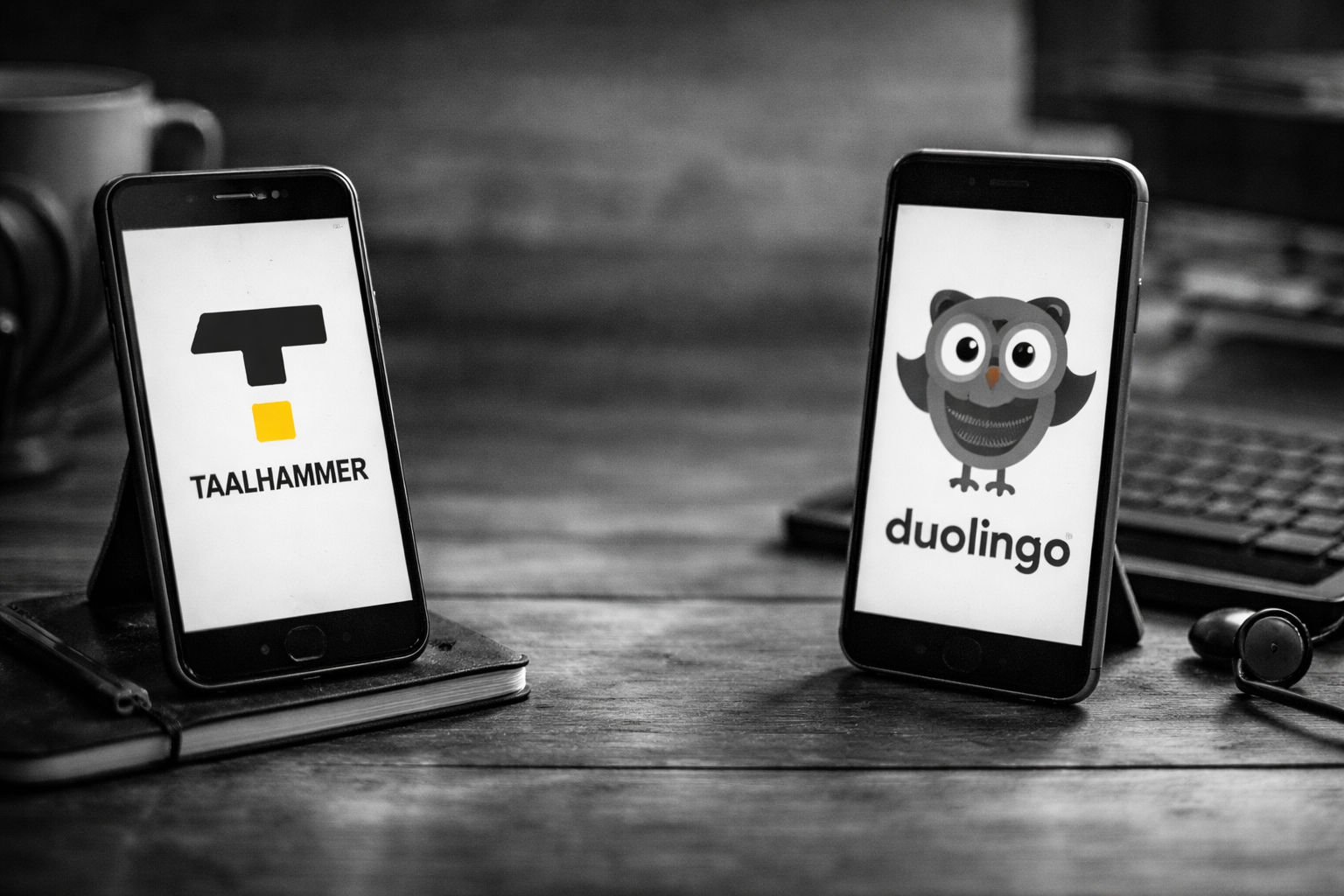 Black-and-white, 16:9 ultrarealistic photo showing two smartphones on a wooden desk, facing each other. One phone displays the minimalist Taalhammer logo (black “T” shape with a small square beneath), the other shows the Duolingo owl icon. The scene suggests a comparison between language learning apps, with a clean, editorial, text-free composition.