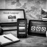 Black-and-white 16:9 ultrarealistic photo symbolizing learning West Slavic languages: a focused study desk with smartphone, tablet, laptop, notebook, headphones, and a map of Central Europe in the background, representing modern language learning apps and grammar-heavy Slavic languages without any visible text.