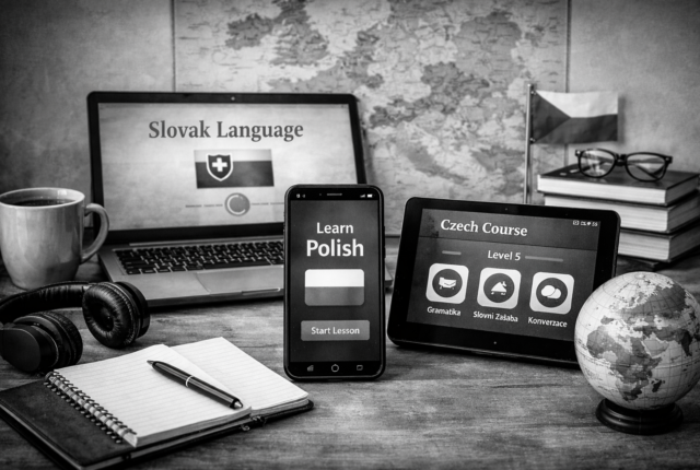 Czarno-białe, ultrarealistyczne zdjęcie w formacie 16:9 symbolizujące naukę języków zachodniosłowiańskich: biurko do nauki z smartfonem, tabletem, laptopem, notebookiem, słuchawkami i mapą Europy Środkowej w tle, przedstawiające nowoczesne aplikacje do nauki języków i trudne gramatycznie języki słowiańskie bez widocznego tekstu.