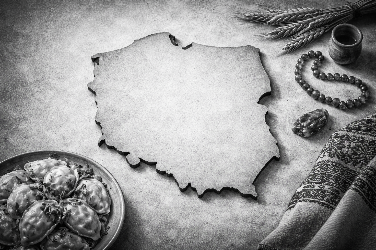 Black-and-white ultrarealistic 16:9 image showing the outline of Poland’s map centered on a textured surface, surrounded by subtle Polish cultural elements such as a plate of pierogi, a patterned folk textile, wheat stalks, and amber beads, with no text or labels visible.