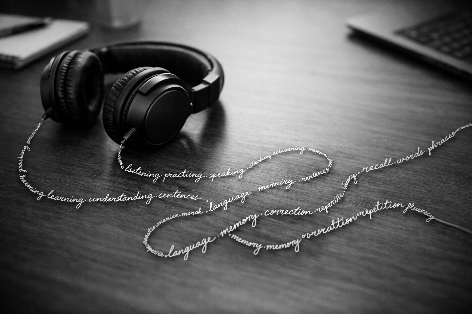 Black-and-white 16:9 photo of over-ear headphones on a desk, with the cable formed from cursive words, symbolising listening to your own sentences in language learning.