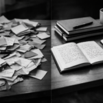 Czarno-biała fotografia redakcyjna przedstawiająca biurko podzielone na dwie kontrastujące strefy nauki: jedna strona jest zagracona rozrzuconymi karteczkami samoprzylepnymi i fiszkami, druga strona jest spokojna i uporządkowana, z równo ułożonymi zeszytami i odręcznie napisanymi pełnymi zdaniami, oświetlona delikatnym naturalnym światłem.