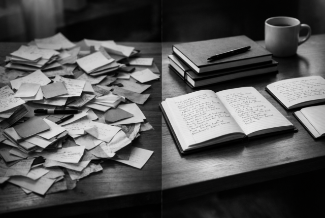 Black and white editorial photograph of a desk divided into two contrasting learning styles: one side cluttered with scattered sticky notes and flashcards, the other side calm and organized with neatly arranged notebooks and handwritten full sentences, lit by soft natural light.