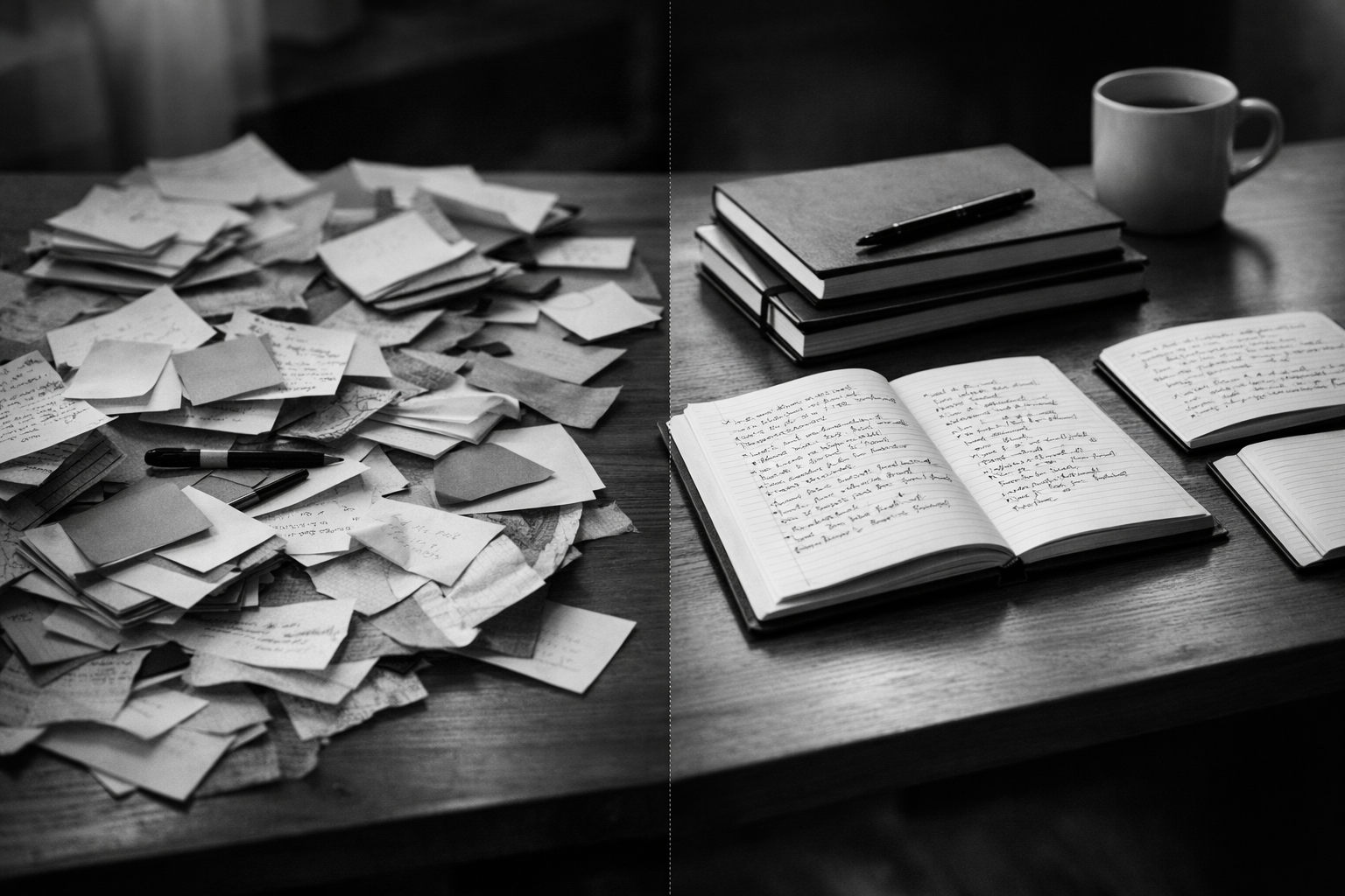 Black and white editorial photograph of a desk divided into two contrasting learning styles: one side cluttered with scattered sticky notes and flashcards, the other side calm and organized with neatly arranged notebooks and handwritten full sentences, lit by soft natural light.