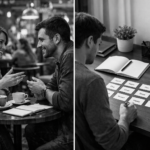 Czarno-białe zdjęcie na podzielonym ekranie przedstawiające dwa podejścia do aplikacji do nauki języków: po lewej stronie dwie osoby prowadzące naturalną rozmowę w kawiarni, a po prawej stronie osoba ucząca się, studiująca pojedyncze fiszki słownictwa przy biurku, ilustrujące naukę języków metodą „najpierw zdania” w porównaniu z metodą „najpierw słownictwo”.