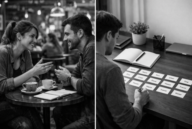 Black and white split-screen photo showing two approaches to a language learning app: on the left, two people having a natural conversation in a café, and on the right, a learner studying isolated vocabulary flashcards at a desk, illustrating sentence-first vs vocabulary-first language learning.