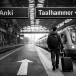 Czarno-biały, ultrarealistyczny obraz podróżnego idącego po peronie stacji kolejowej w kierunku pociągu oznaczonego jako Taalhammer, z tablicami informacyjnymi wskazującymi po lewej stronie kierunek Anki, a po prawej stronie kierunek Taalhammer, wyraźnie wybierającego kierunek Taalhammer.