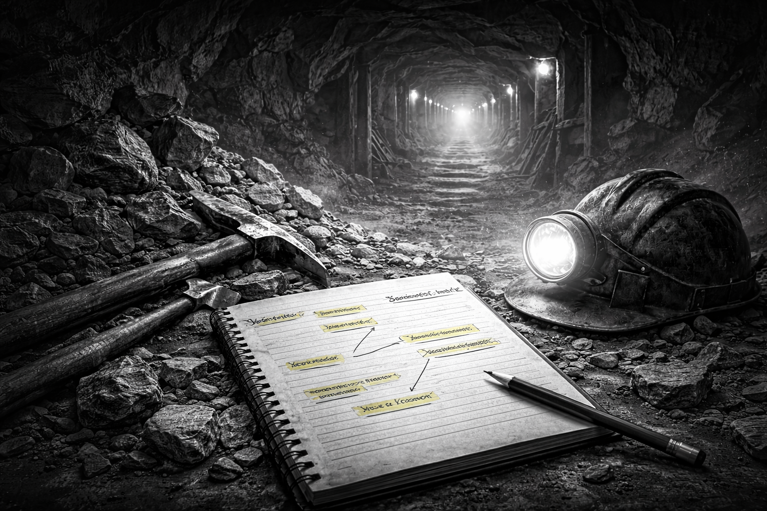 Abstract black and white illustration symbolizing sentence mining in a language learning app, with layered forms and light emerging from dark textures.