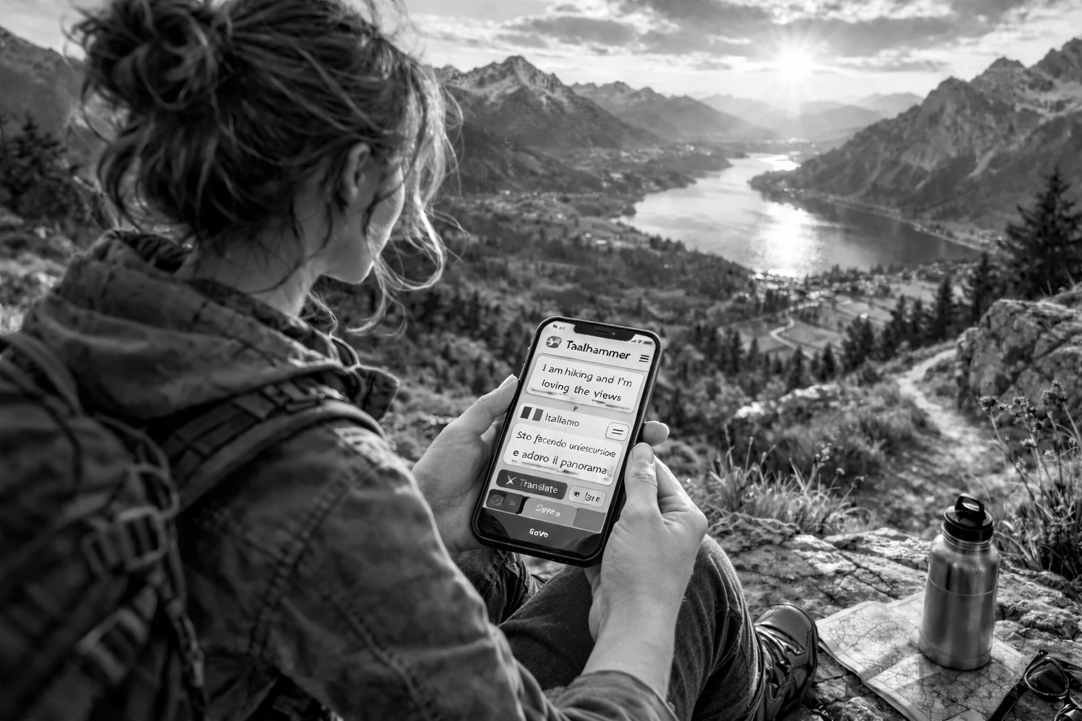 Black-and-white 16:9 photo of a woman sitting on a mountain overlook during a hike, holding a normally sized smartphone in her hands. On the screen, the Taalhammer app shows the sentence “I am hiking and I’m loving the views” with an Italian translation below. A lake, alpine village, and dramatic mountain range stretch out in the background, with a backpack, water bottle, and map beside her on the rocks.
