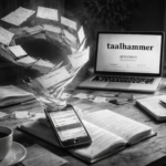 Black-and-white ultrarealistic image of a wooden desk covered with open books, notebooks, glasses and a cup of coffee, while dozens of flashcards swirl upward in a vortex above a smartphone and laptop displaying a language learning interface, symbolizing structured long-term vocabulary retention and active recall.