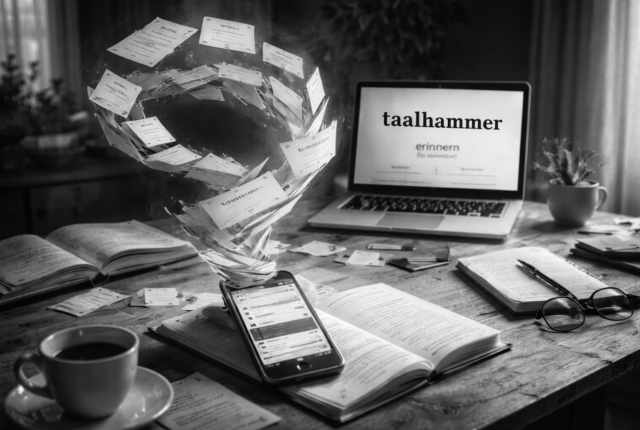 Black-and-white ultrarealistic image of a wooden desk covered with open books, notebooks, glasses and a cup of coffee, while dozens of flashcards swirl upward in a vortex above a smartphone and laptop displaying a language learning interface, symbolizing structured long-term vocabulary retention and active recall.