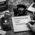 Black-and-white ultrarealistic photo of a desk with language learning materials: smartphone displaying a sentence-based language app, flashcards, grammar books, headphones, coffee, and a notebook reading “I understand but can’t speak,” illustrating the gap between comprehension and speaking fluency.