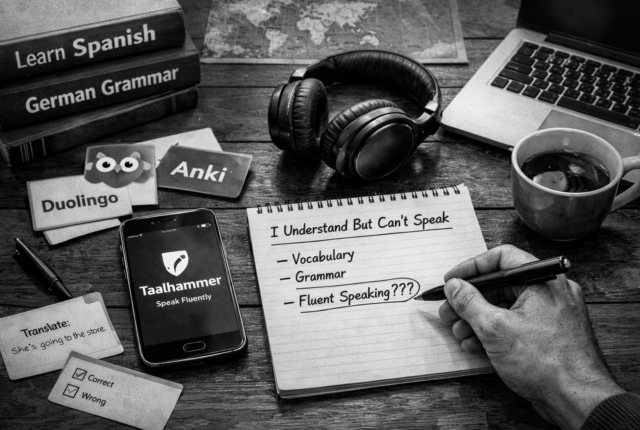 Black-and-white ultrarealistic photo of a desk with language learning materials: smartphone displaying a sentence-based language app, flashcards, grammar books, headphones, coffee, and a notebook reading “I understand but can’t speak,” illustrating the gap between comprehension and speaking fluency.