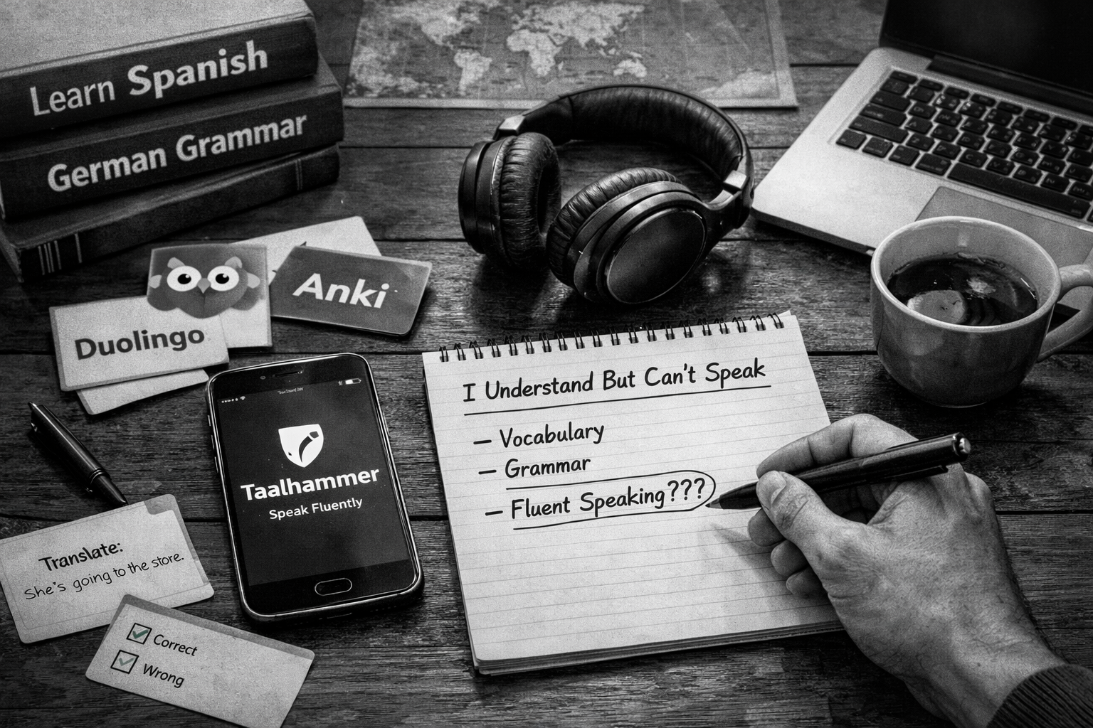Black-and-white ultrarealistic photo of a desk with language learning materials: smartphone displaying a sentence-based language app, flashcards, grammar books, headphones, coffee, and a notebook reading “I understand but can’t speak,” illustrating the gap between comprehension and speaking fluency.