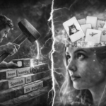 Black-and-white ultrarealistic split image contrasting two language learning approaches: on the left, a man forcefully assembling sentence blocks with a hammer and sparks flying, symbolizing active sentence construction; on the right, a woman wearing earphones with blank flashcards floating above her head, representing passive vocabulary exposure.