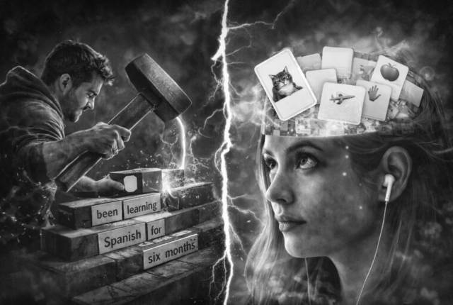 Black-and-white ultrarealistic split image contrasting two language learning approaches: on the left, a man forcefully assembling sentence blocks with a hammer and sparks flying, symbolizing active sentence construction; on the right, a woman wearing earphones with blank flashcards floating above her head, representing passive vocabulary exposure.