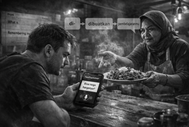 Ultra-realistic black-and-white 16:9 scene in an Indonesian warung at dusk. A focused learner leans over a worn wooden counter, holding a smartphone that displays a language drill with the sentence “Bisa nego harganya?” and an active microphone icon. Across from him, a street food vendor gestures while presenting a steaming plate of nasi goreng. Wisps of steam rise into the dim air. Faint flashcards fade in the background, and translucent speech bubbles illustrate Indonesian affix progression (di- → dibuatkan → pembelajaranmu), symbolizing a breakthrough in real-world fluency.