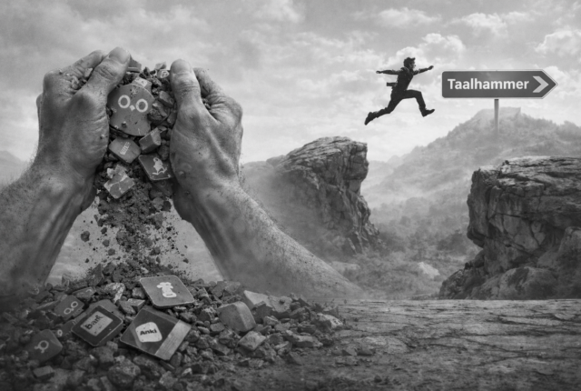 Ultra-realistic black-and-white 16:9 surreal split-scene. In the foreground, exhausted hands crush a pile of shattered language-learning app icons, fragments crumbling into dust across a cracked plateau. In the background, the same figure appears renewed, mid-leap across a sharp mountain gap toward a glowing beacon atop a jagged peak, symbolizing a breakthrough from stagnation to fluency. Dark storm clouds part around the distant light, emphasizing transformation and forward momentum.