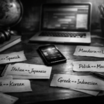 Ultra-realistic black-and-white image of a language learning desk with a smartphone at the center surrounded by notes showing multiple language pairs such as Irish–Spanish, Italian–Japanese, Mandarin–Urdu, and Polish–Macedonian, symbolizing flexible language pair learning.